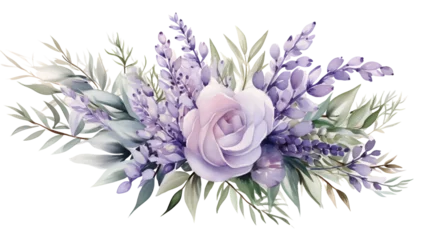 Deurstickers Watercolor eucalyptus leaves and lavender flower bouquet, isolated bunch of flowers for decoration on transparent. Generative AI © MDNANNU