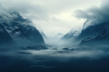 A mountain range shrouded in mist, unveiling peaks and valleys in a mystical display of nature's...