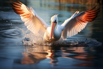pelican flying on water and reflections l, translucent planes, humorous imagery, white and orange