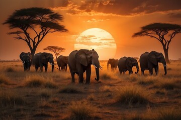 herd of elephants in the sunset