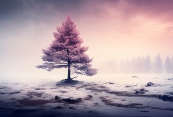 a pine tree on a cloudy terrain in a snowy landscape intense color saturation pastel dreamscapes ethereal dreamscapes