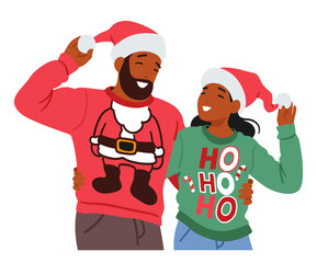 Cheerful Couple Male and Female Characters, Wearing Matching Christmas Sweaters Adorned With Festive Patterns