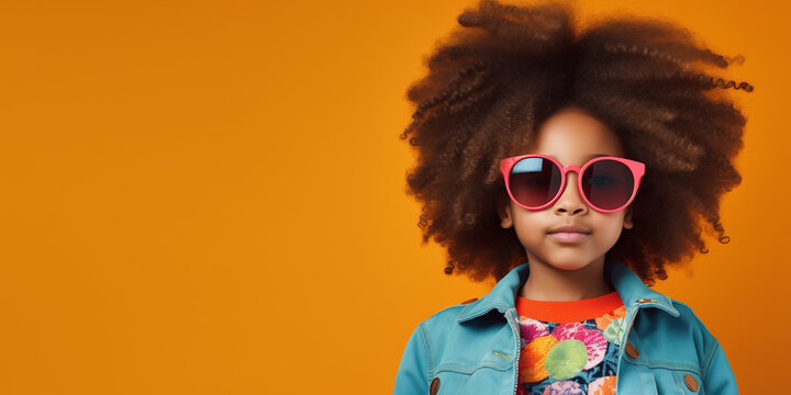Portrait of a 6 year old afro girl fashionable hipster on bright color studio background