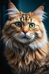 Naklejka na ściany i meble portrait of a furry cat with green eyes, dark beige and red