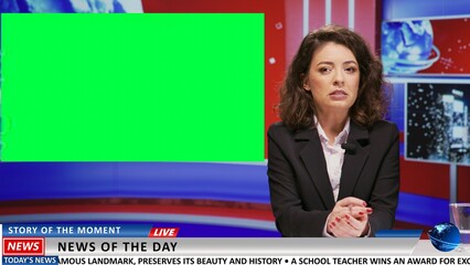 Media host presents news on greenscreen template, using isolated chromakey mockup in newsroom...