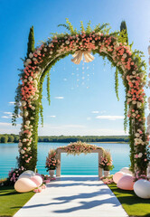 Fototapeta na wymiar Wedding arch for photo shoots, on a lakeside lawn