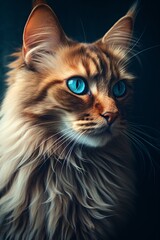 Fototapeta premium portrait of a furry cat with blue eyes, dark beige and red