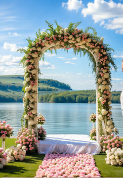 Wedding arch for photo shoots, on a lakeside lawn