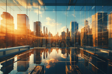 A mirrored reflection of a city skyline in a glass building, illustrating the juxtaposition of...