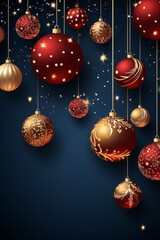 Illustration of Merry Christmas and Christmas Balls greeting card. Winter holidays theme Vertical Illustration. For banners, posters, gift cads, advertising. AI generated.