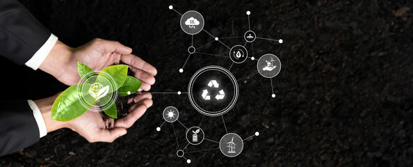 Businessman nurturing and growing plant seedling with recycle symbol. Business commitment and...