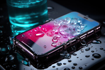 The sparkling surface of a disinfected and sanitized smartphone, emphasizing the importance of...