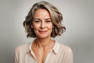 Mature, natural, beautiful woman with a smile, isolated on a light background, healthy, radiant, flawless