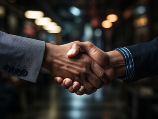 Two businessmen shake hands while making a deal.