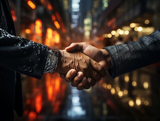 Two businessmen shake hands while making a deal. Futuristic concept