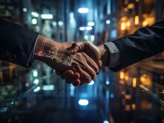Two businessmen shake hands while making a deal. Futuristic concept 