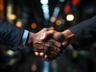 Two businessmen shake hands while making a deal.