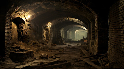 Aged brickwork lined catacombs beneath historic city