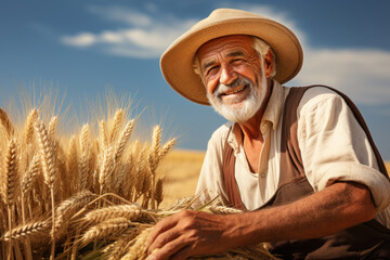 A farmer contentedly working in his bountiful fields, demonstrating the happiness that comes from a fruitful harvest. Concept of agriculture and sustainability. Generative Ai.