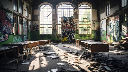 Fototapeta na wymiar Deserted school building with broken windows and graffiti