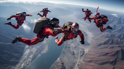 Skydivers in mid-air jump from plane