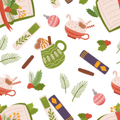 Seamless Christmas Pattern Features Festive Books And Cups, Creating A Cozy Holiday Atmosphere With Warm Drinks