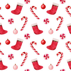 Christmas candy canes and lollipop, red sock for gifts and Christmas balls. Seamless pattern with watercolor hand drawn illustration for winter New Year holidays design, cards, scrapbooking.