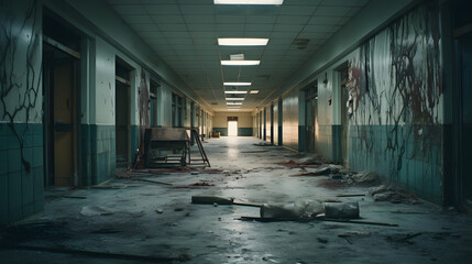 Vacant hospital corridor, peeling paint and shattered windows - obrazy, fototapety, plakaty