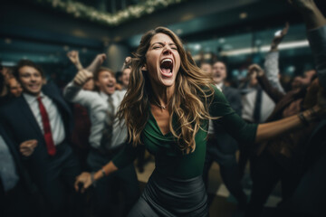 A female CEO dances with enthusiasm at a company celebration, marking a profitable year-end for her...