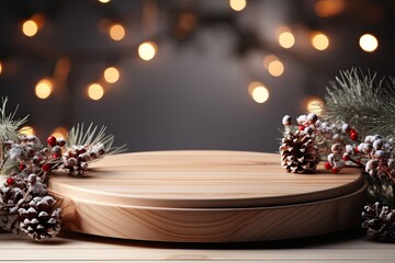 Merry Christmas wooden podium background for presentation and sale. Xmas marble blank scene. Winter empty pedestal, front view. Christmas tree banner