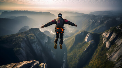 Base jumper leaping off towering cliff with parachute