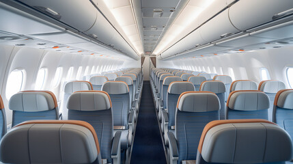 Commercial airplane cabin with rows of seats and overhead bins - obrazy, fototapety, plakaty