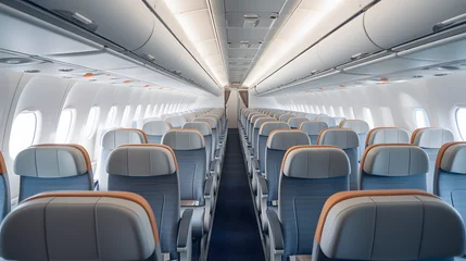 Tableaux ronds sur aluminium brossé Avion Commercial airplane cabin with rows of seats and overhead bins