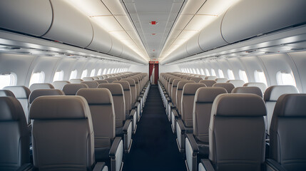 Commercial airplane cabin with rows of seats and overhead bins