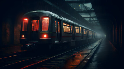 Fototapeta premium Dimly lit subway tunnel with abandoned train, underground cityscape