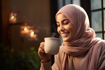 smiling muslim woman drinking tea from a coffee cup, chemical reactions, sustainable design, warm tones