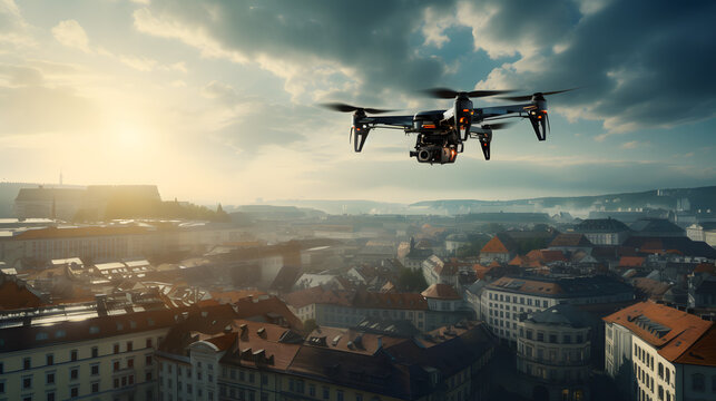 Drone flying over city capturing aerial photography