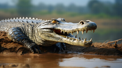 Fototapeta premium Gharial crocodile basking on Chambal River banks, India