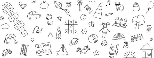 Daycare doodle icons set. Doodle kindergarten montessori toys for nursery, school. Vector illustration