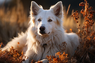 Portrait of white Swiss Shepherd dog on a nature, close up photo, morning light. Ai art