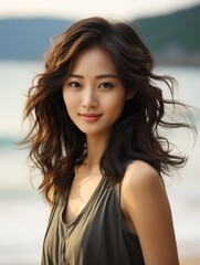 Beatiful portrait of asian girl on blur beach background