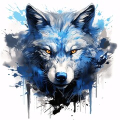 the head of a wolf is in blue paint, manga style, explosive wildlife, light blue and white