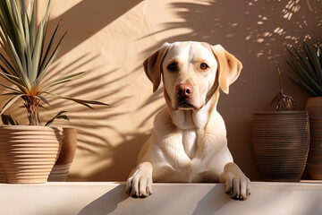 Portrait of a white Labrador retriever on a beige neutral background, cropped photo, natural light. Ai art