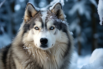 Fototapeta premium Alaskan Malamute on background of snow-covered forest Close-up photo, natural natural light. Ai art