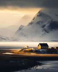 the snowy mountains and houses in iceland, golden light, brushwork exploration, industrial landscapes