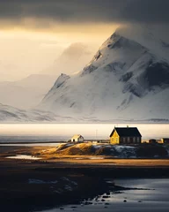 Store enrouleur Gris 2 the snowy mountains and houses in iceland, golden light, brushwork exploration, industrial landscapes