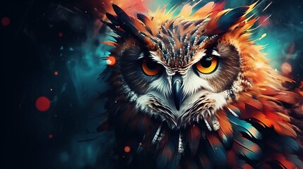 Mystical Vision: Abstract Owl Portrait with Colorful Double Exposure Paint. Generative ai
