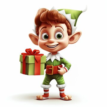 Festive Joy: Cartoon Christmas Elf Boy with a Gift, Isolated on White. Generative ai