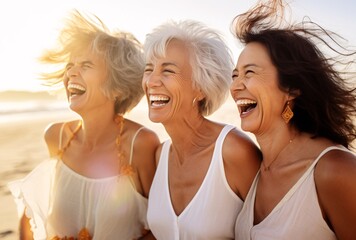 three older women laughing on the beach mixing masculine and feminine elements light white and amber close-up shots