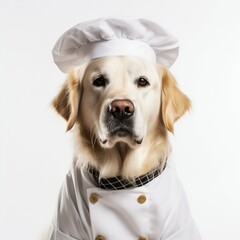 Canine Culinary Charm: Golden Retriever in Chef Costume Isolated on White. Generative ai